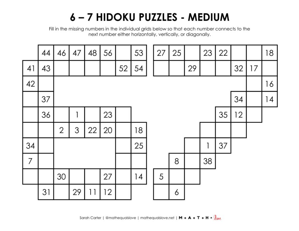 6-7 hidoku logic puzzles level medium. 