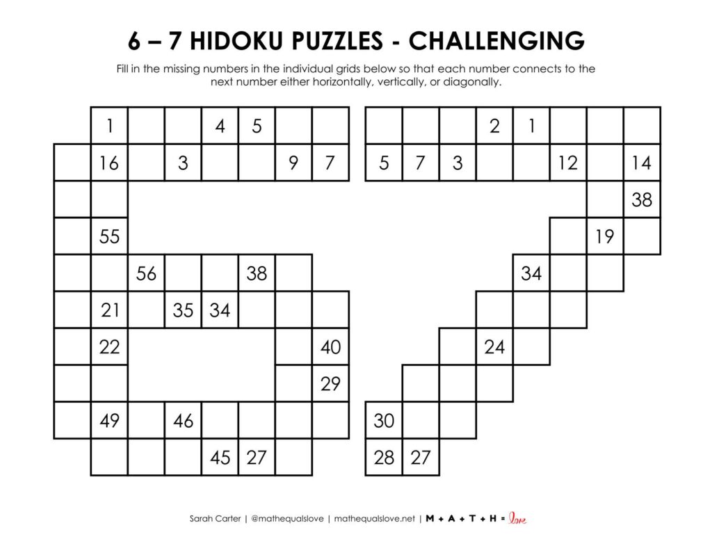 6-7 hidoku logic puzzle level challenging. 