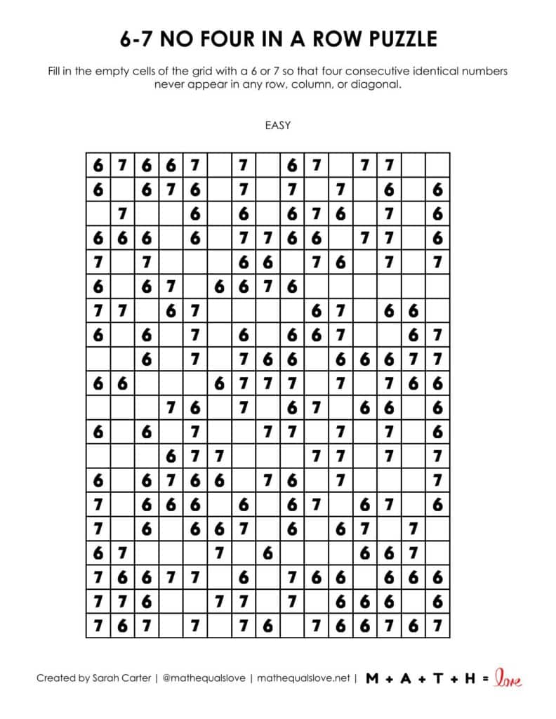 6-7 no four in a row logic puzzle level easy. 