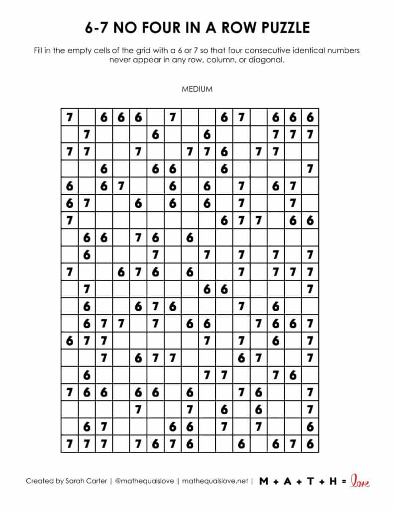 6-7 no four in a row logic puzzle level medium. 