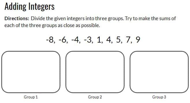 adding integers open middle task from erick lee. 