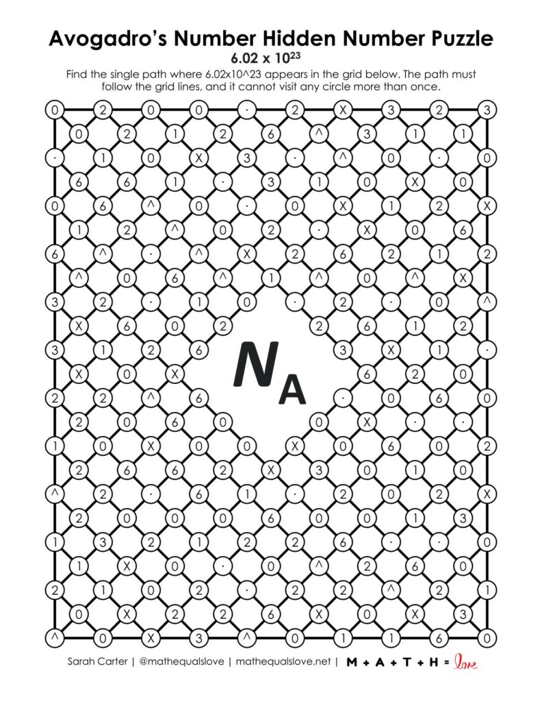 avogadro's number hidden number puzzle for mole day. 
