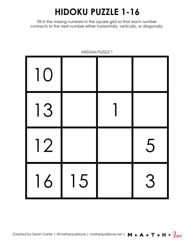 hidoku puzzle 1-16 one to a page version. 