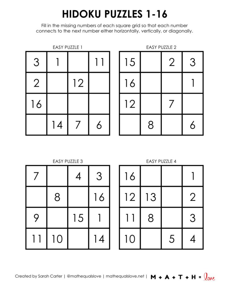 hidoku 1-16 puzzles level easy. 