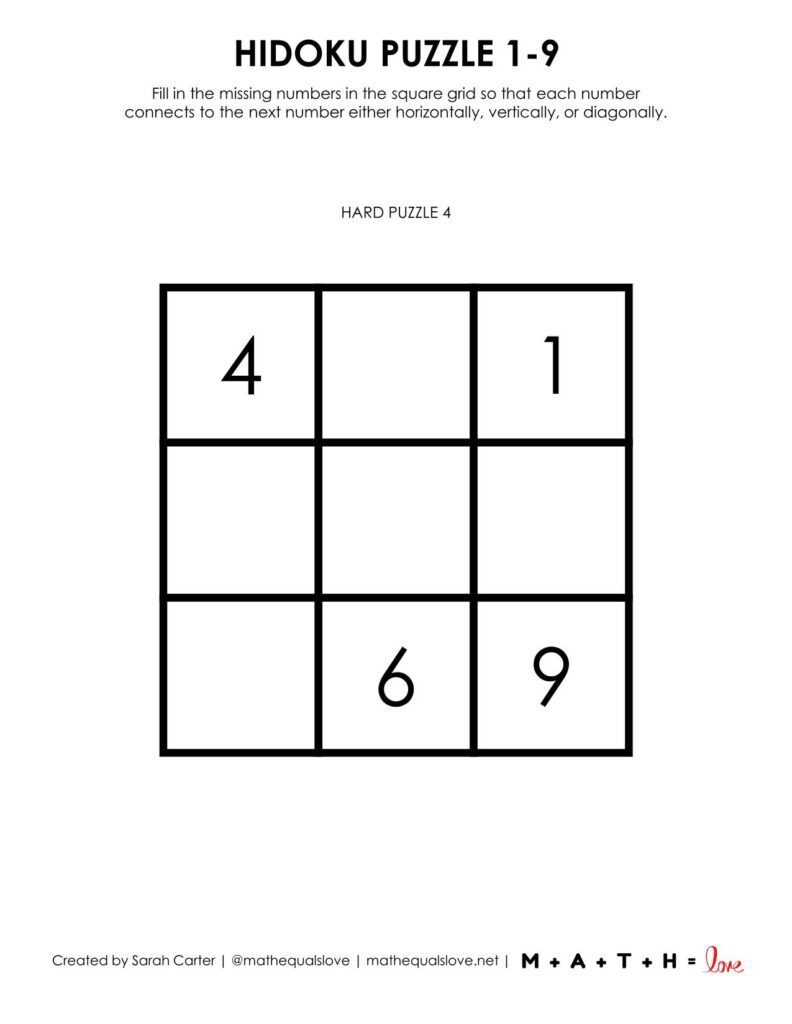 hidoku 1-9 logic puzzle one to a page version. 