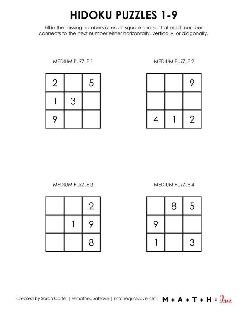 hidoku logic puzzle 1-9 level medium. 
