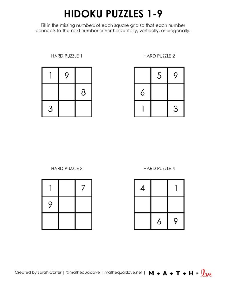 hidoku 1-9 logic puzzles level hard. 