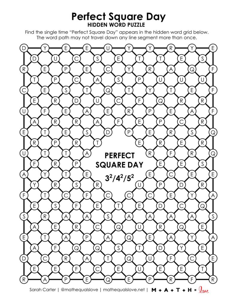 Perfect Square Day Hidden Word Puzzle. 