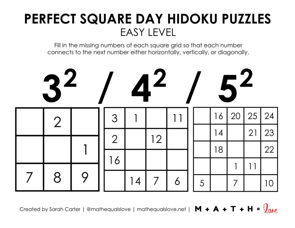 perfect square hidoku puzzles level easy. 
