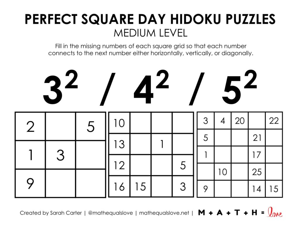 perfect square day hidoku puzzles - medium. 
