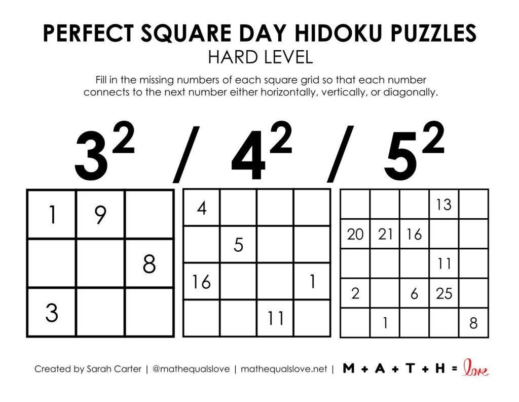 perfect square day hidoku puzzles - hard. 