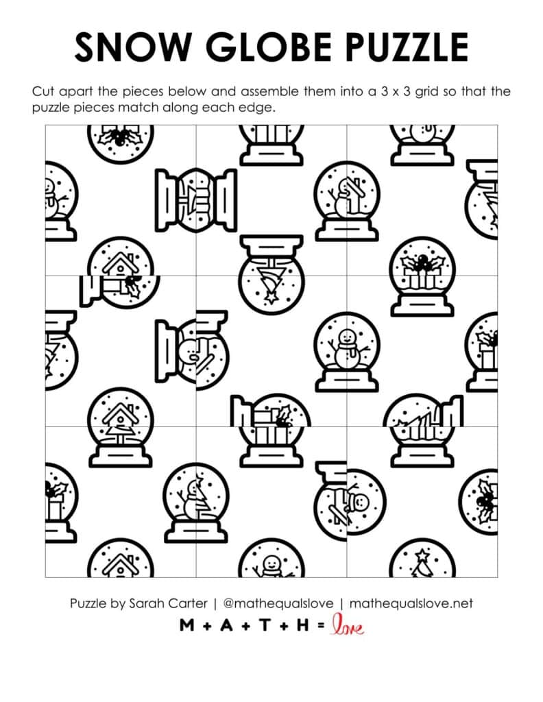snow globe edge matching puzzle for winter. 