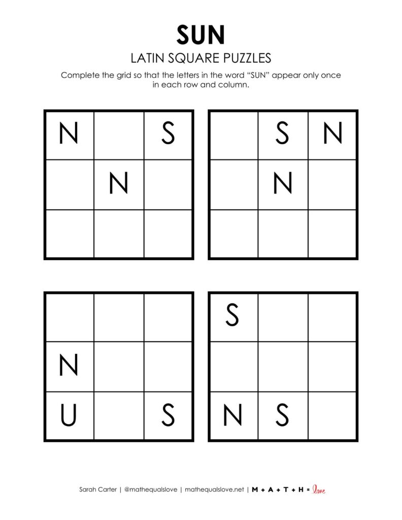 sun latin square logic puzzles for summer.