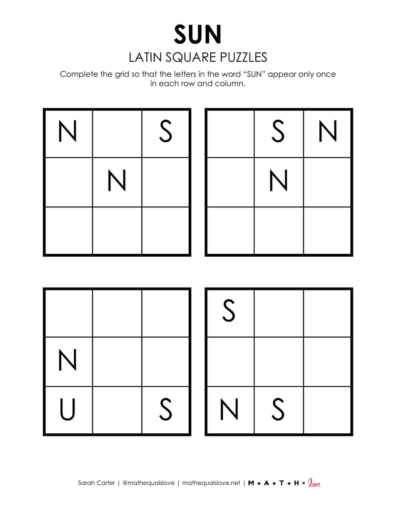 Intermath Math Sun Sun Latin Square Puzzles | Math = Love