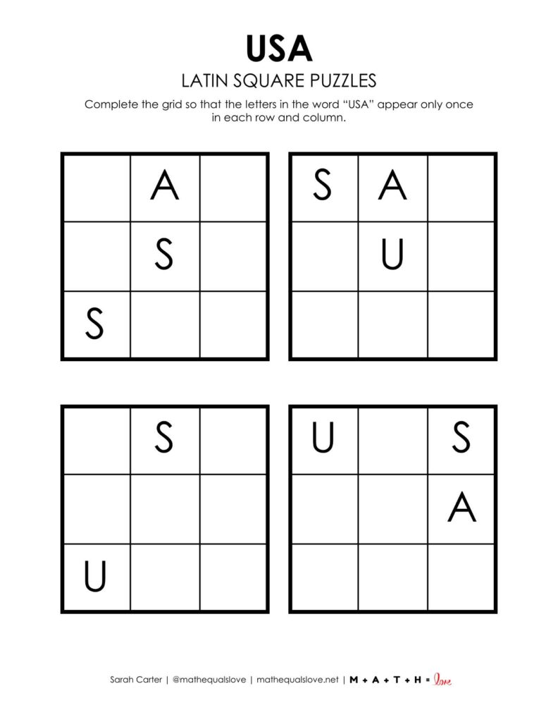usa latin square logic puzzles for 4th of july.