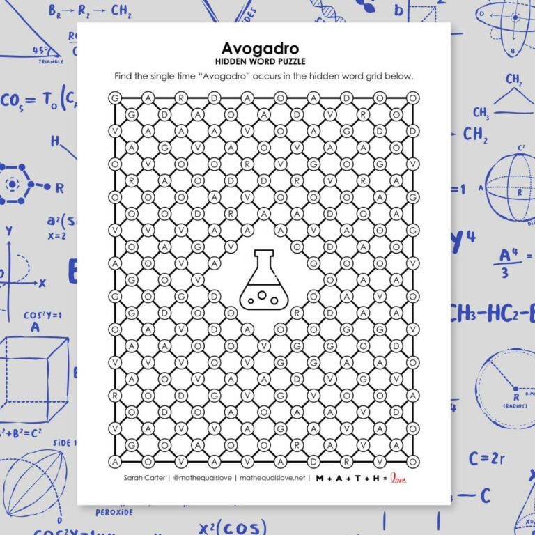 avogadro hidden word puzzle for mole day.