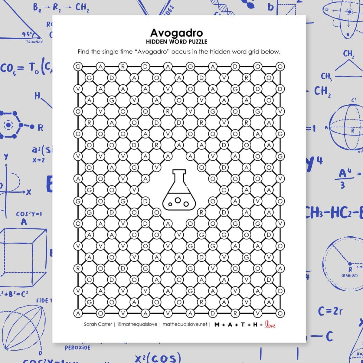 avogadro hidden word puzzle for mole day.