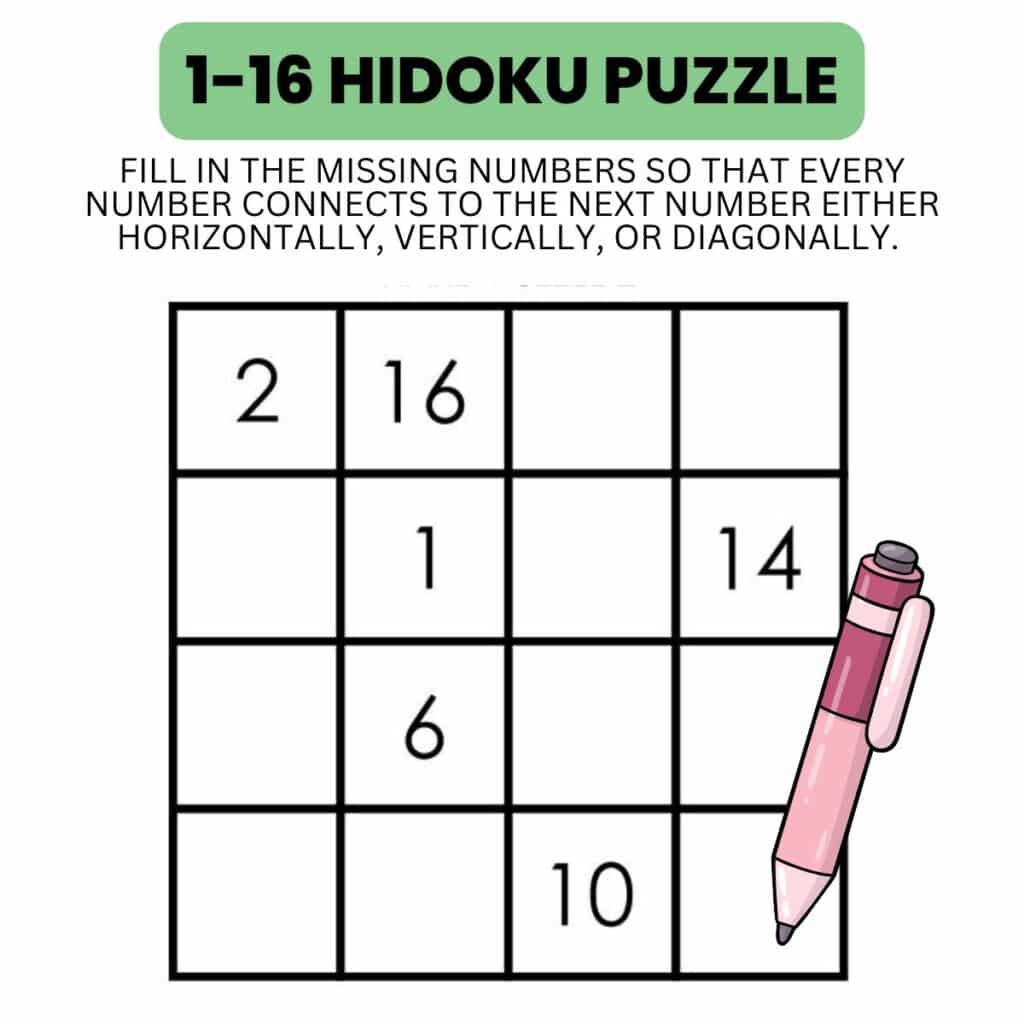 hidoku 1-16 logic puzzle instructions. 