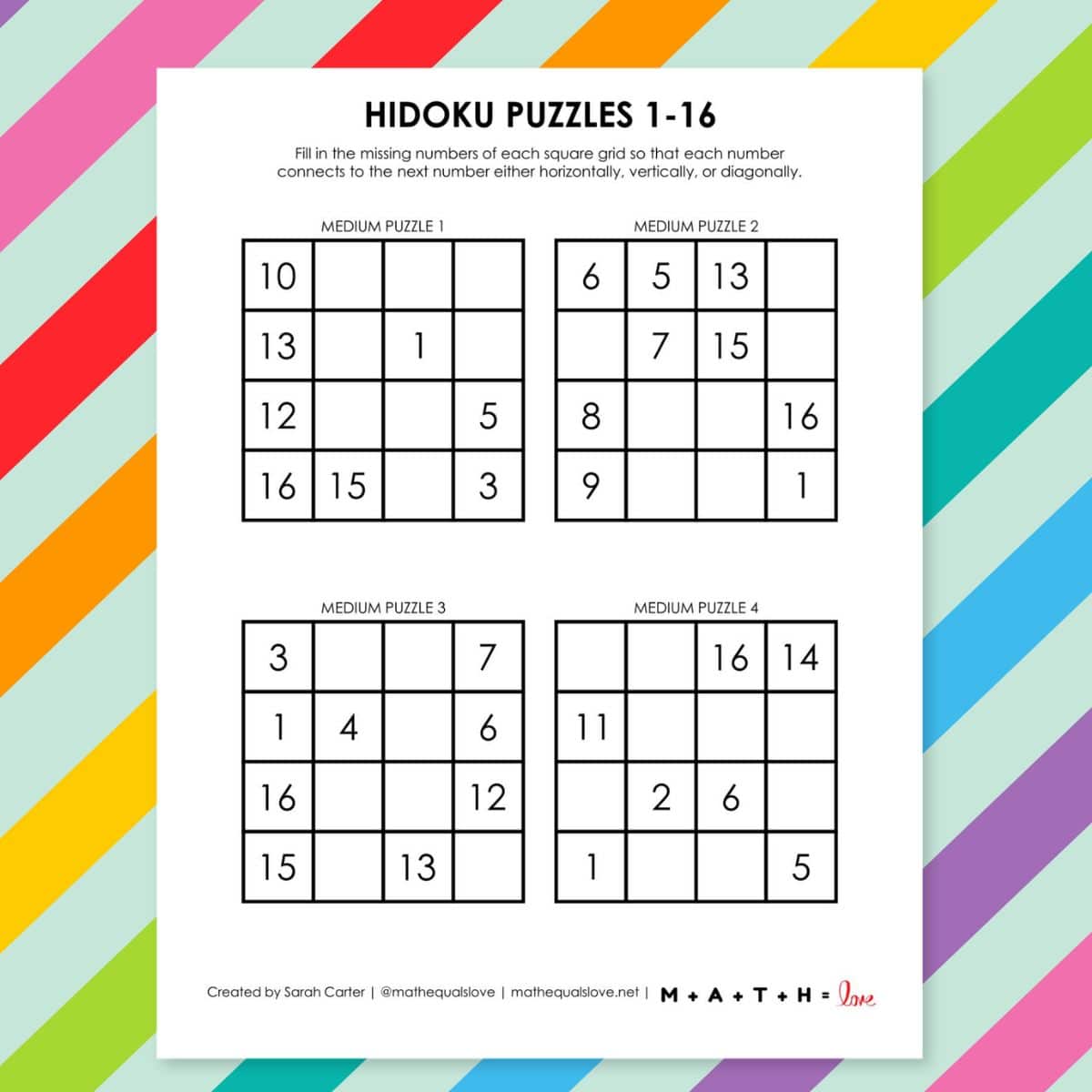 hidoku logic puzzles free printable pdf 1-16.