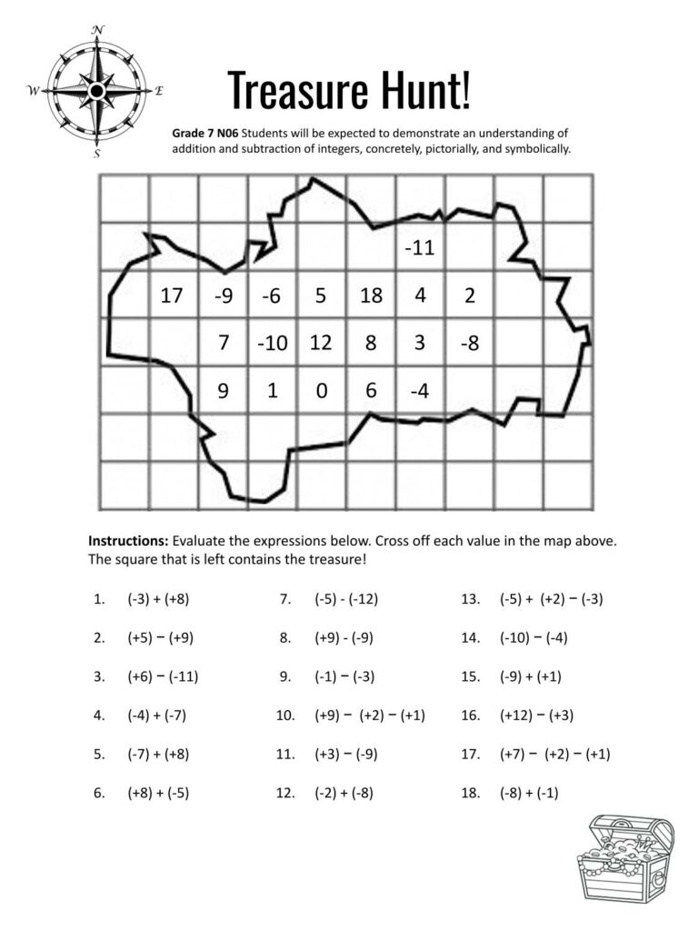 integer treasure hunt worksheet for adding and subtracting integers from erick lee. 
