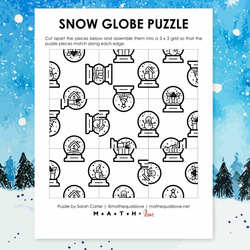 snow globe winter edge matching puzzle. 