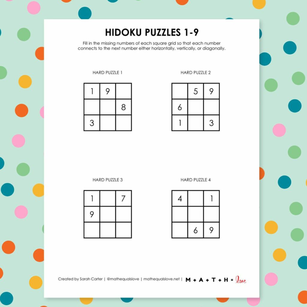 hidoku 1-9 logic puzzles free printable pdf.