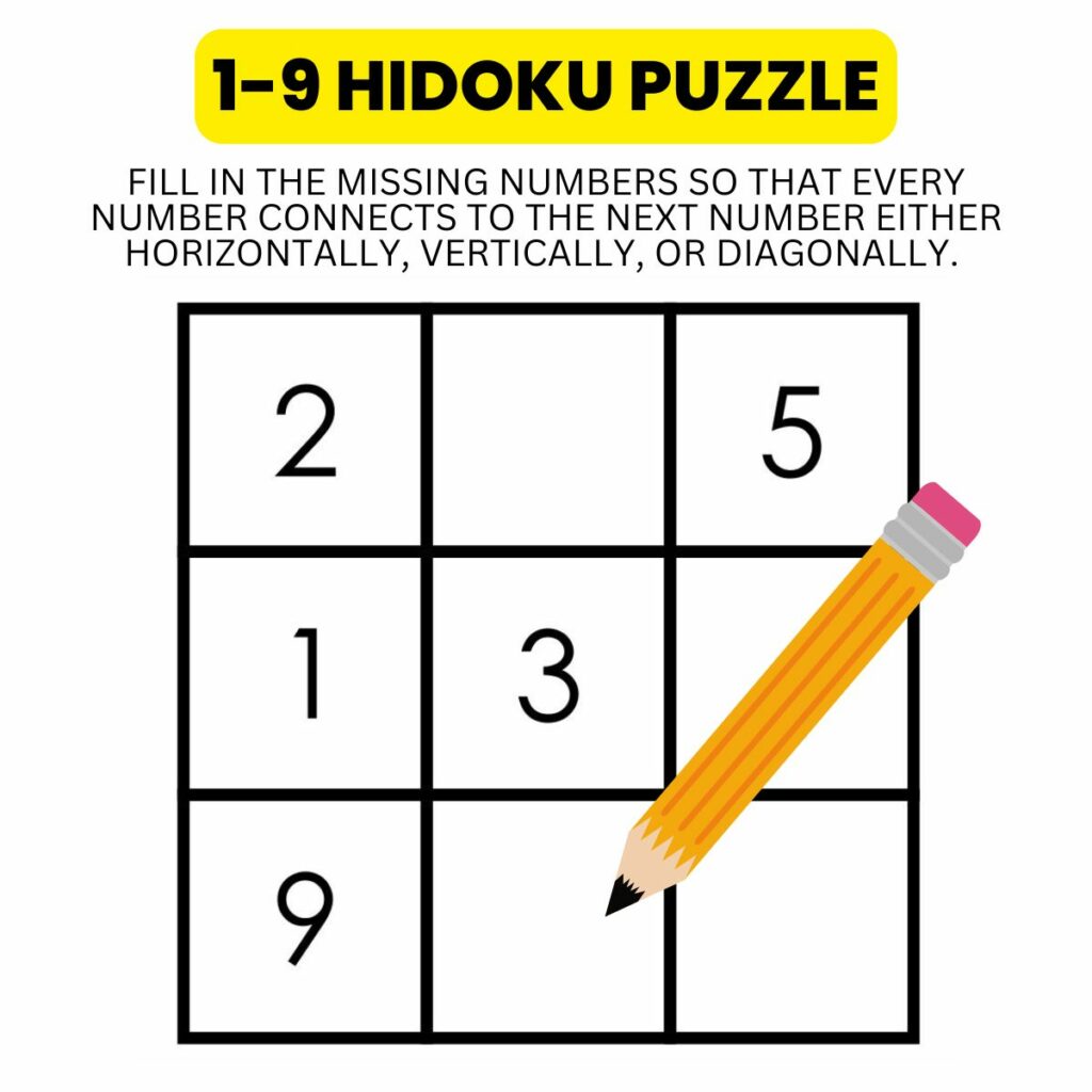 1-9 hidoku logic puzzle example with instructions and pencil clipart. 