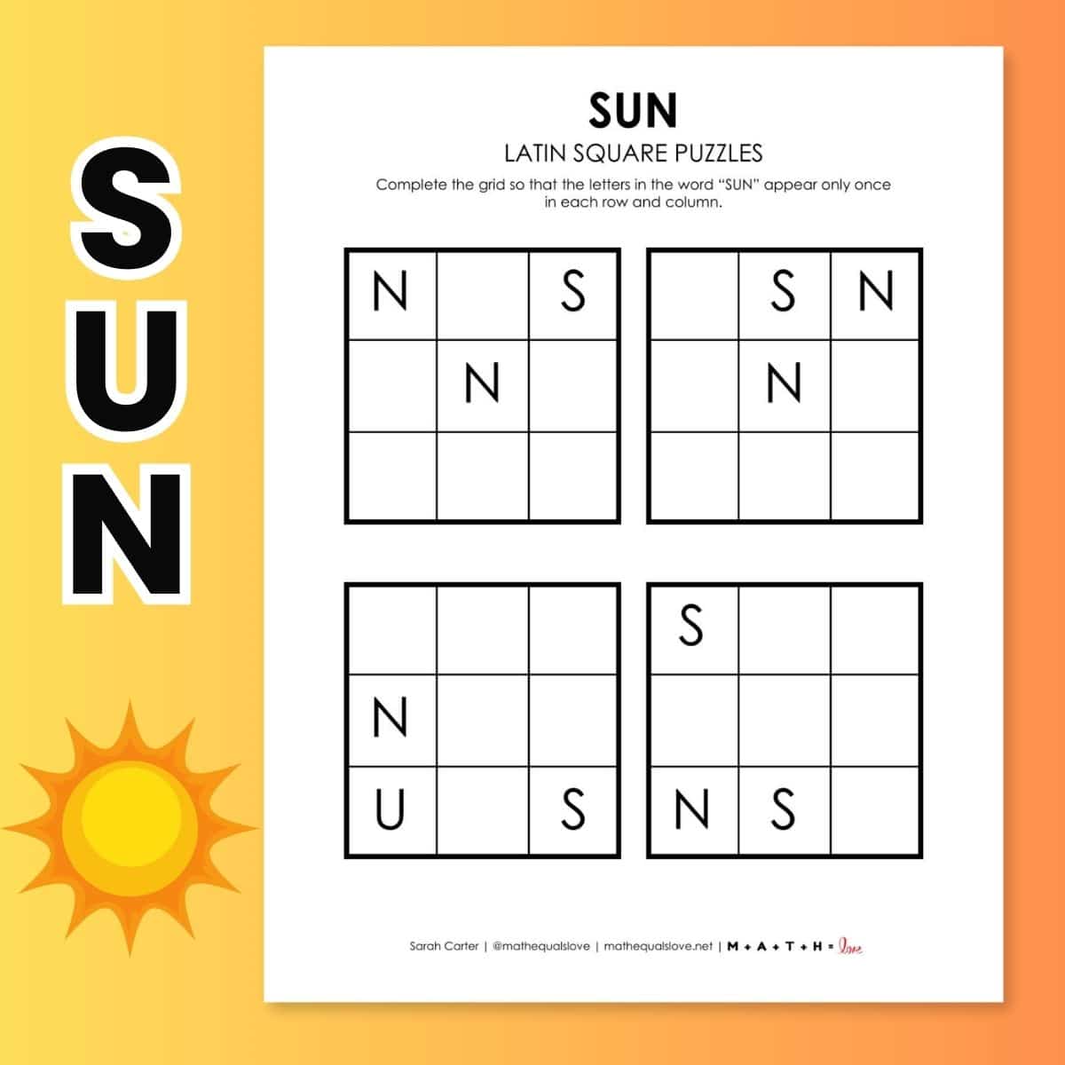 sun latin square logic puzzles for summer.