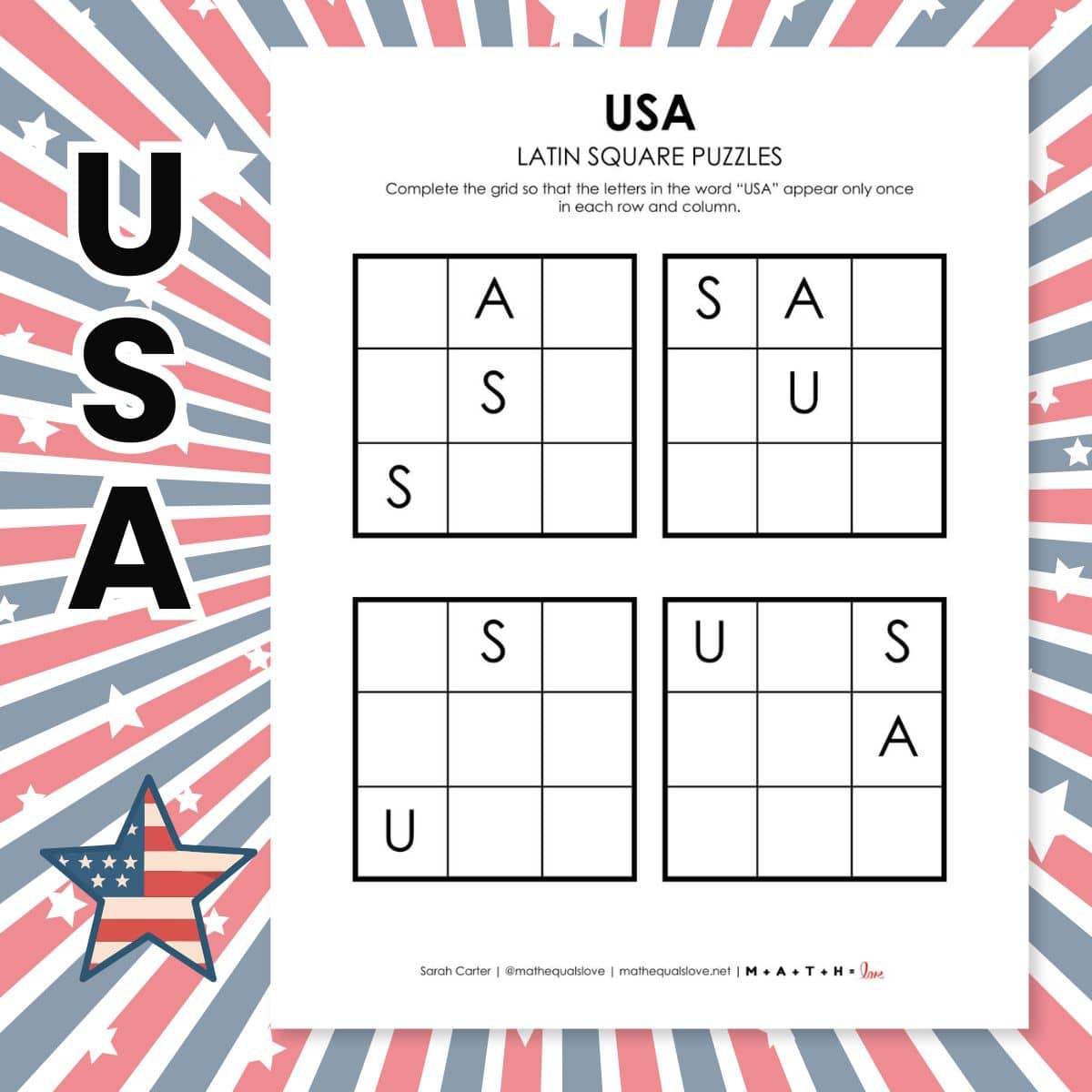 usa latin square logic puzzle 4th of july.