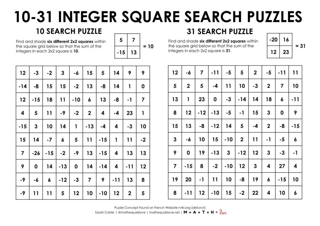 10-31 halloween integer square search puzzles for adding integers. 