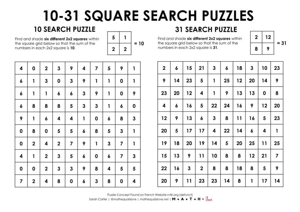 10-31 halloween square search puzzles for adding numbers. 