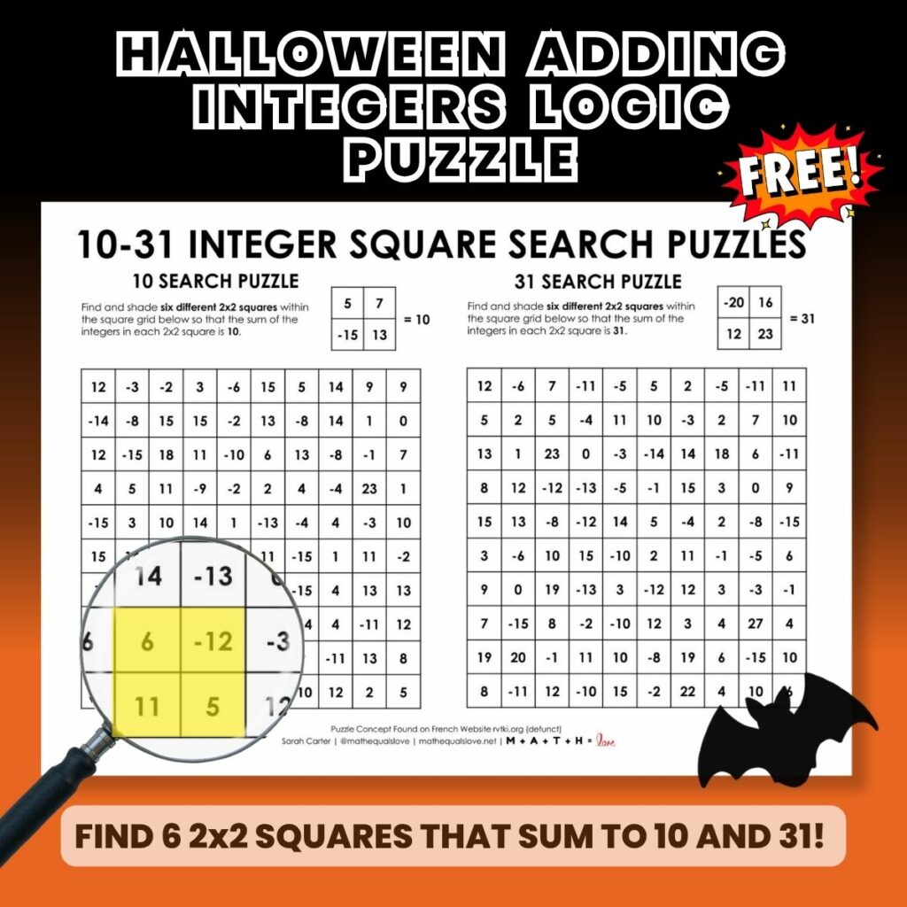 halloween adding integers puzzle square search.