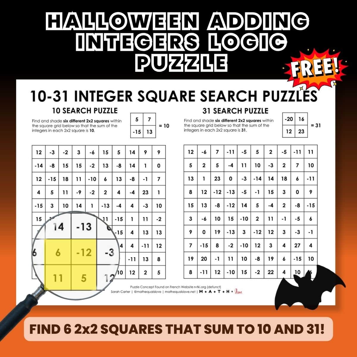 halloween adding integers puzzle square search.