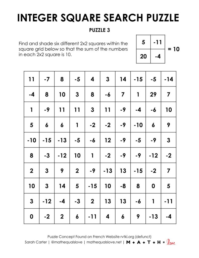 integer square search puzzle page 3.