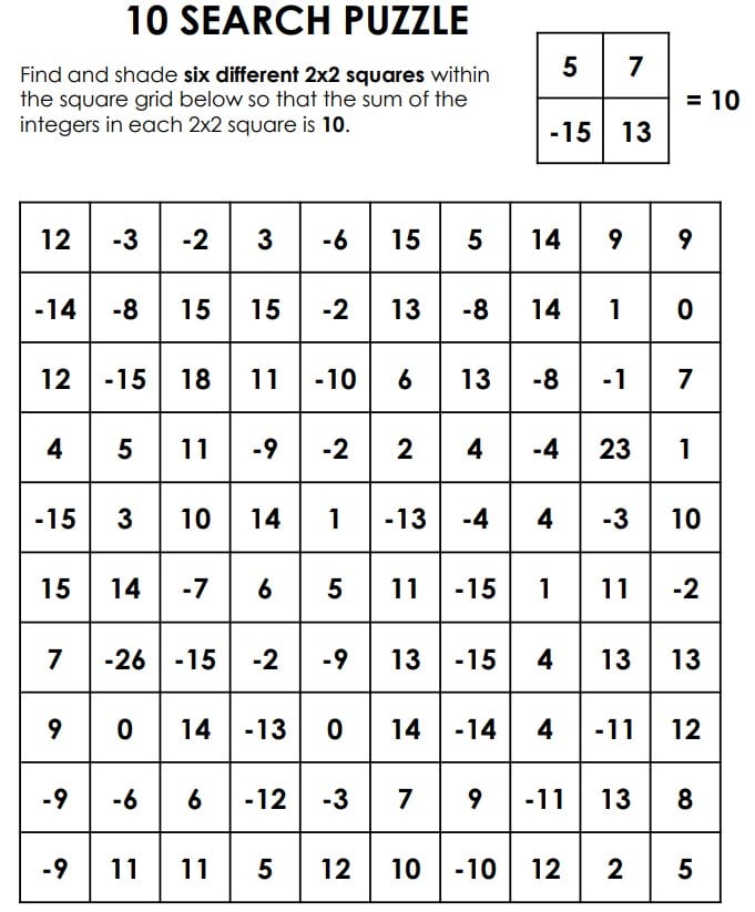 10 integer square search puzzle. 