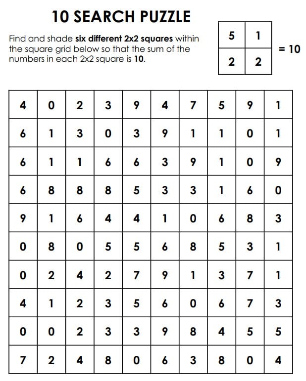 10 square search addition logic puzzle. 