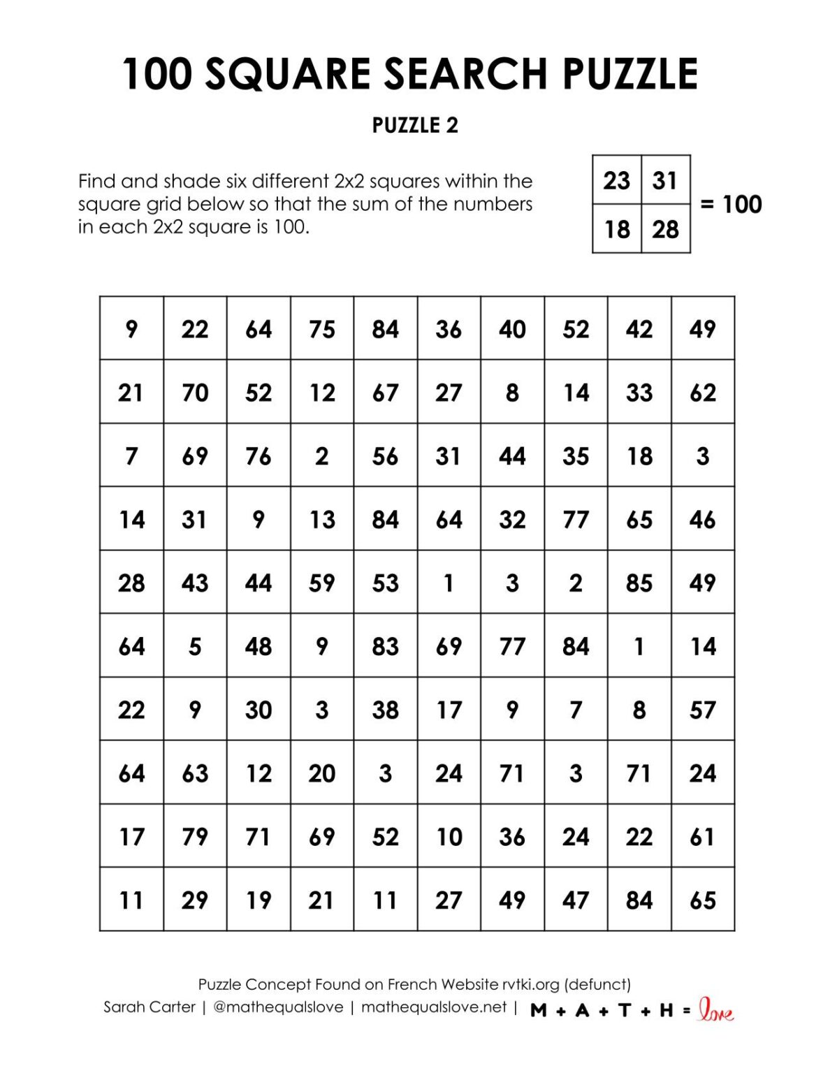 100 Square Search Puzzles | Math = Love