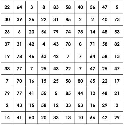 100 square search puzzle example. 