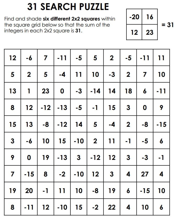31 integer square search puzzle. 