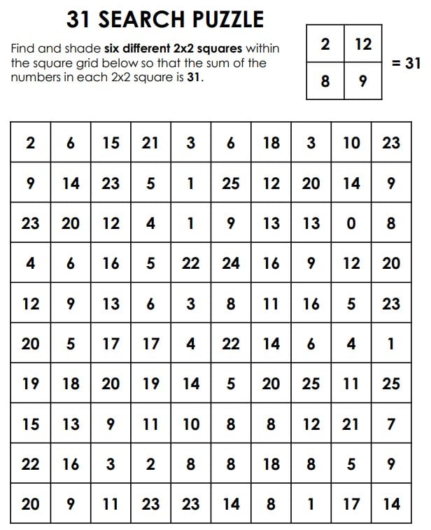 31 square search logic puzzle for addition. 