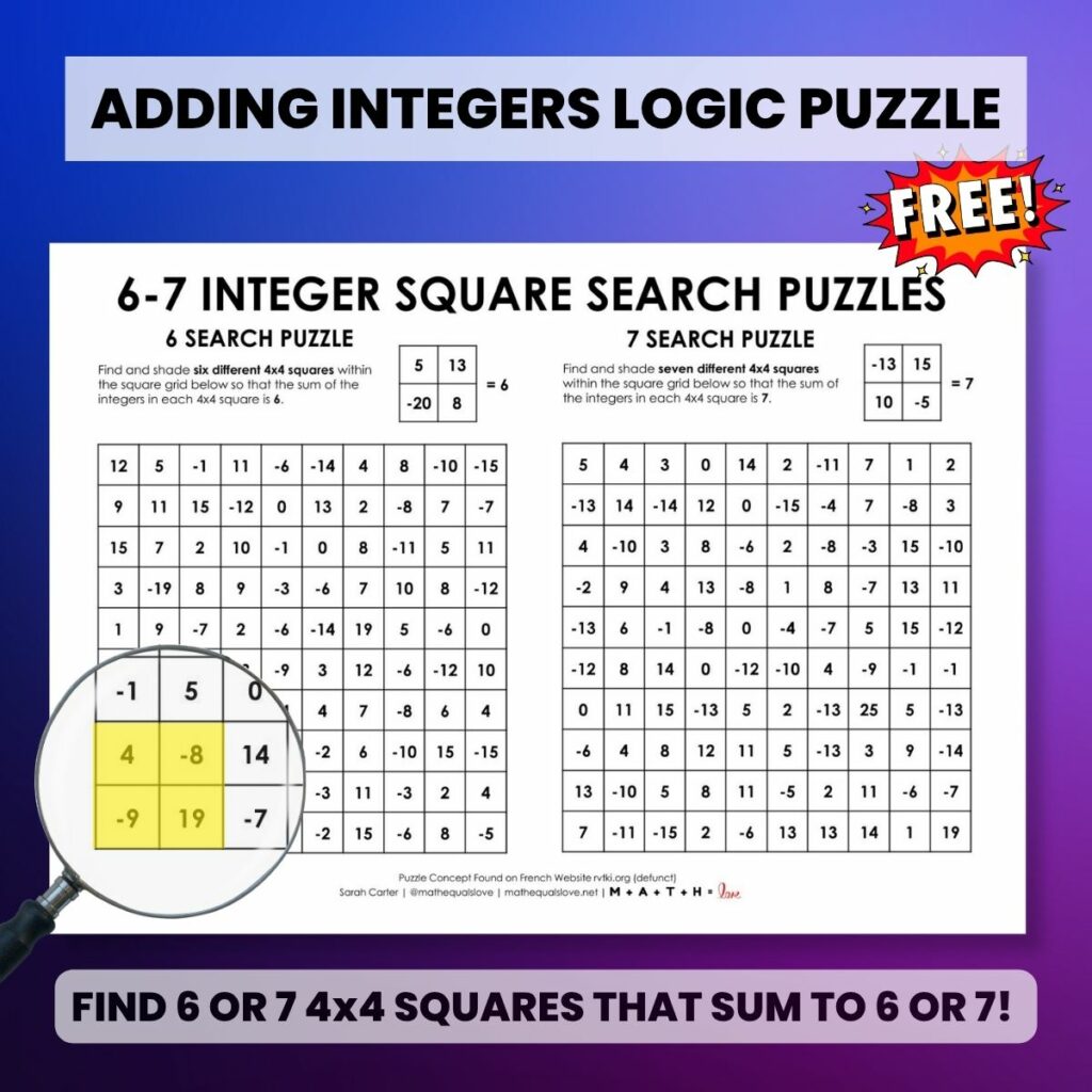 6-7 integer square search puzzles. 
