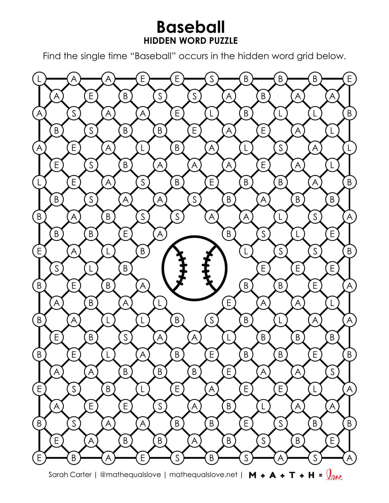 Baseball Hidden Word Puzzle | Math = Love