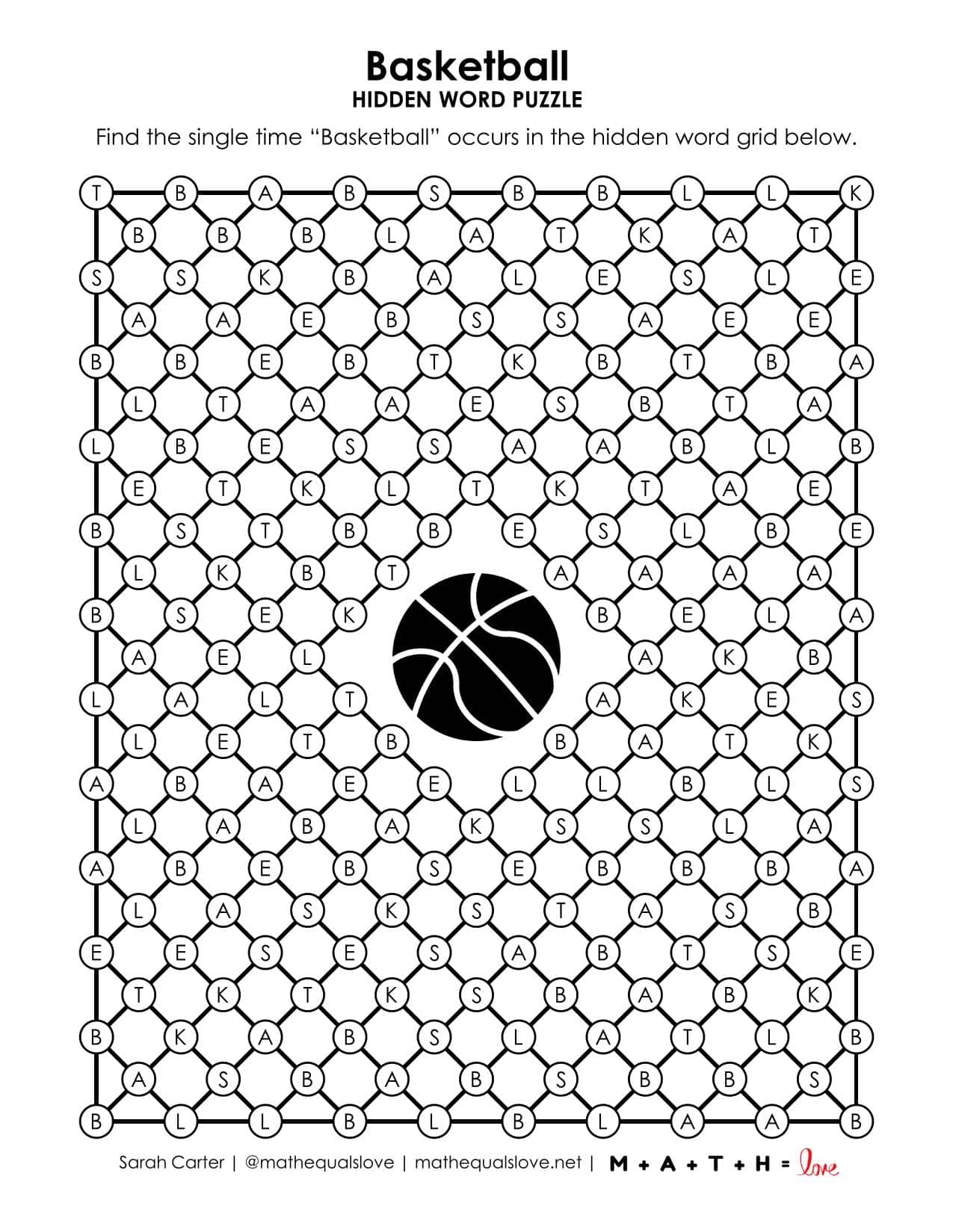 Basketball Hidden Word Puzzle | Math = Love