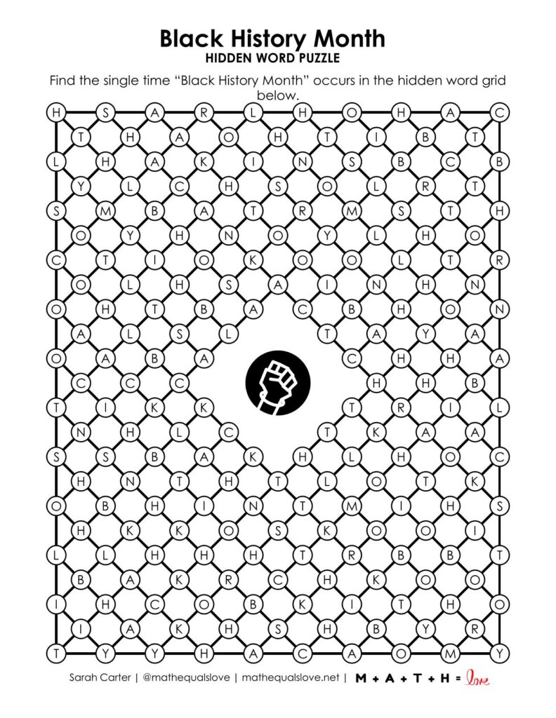 black history month hidden word puzzle screenshot.
