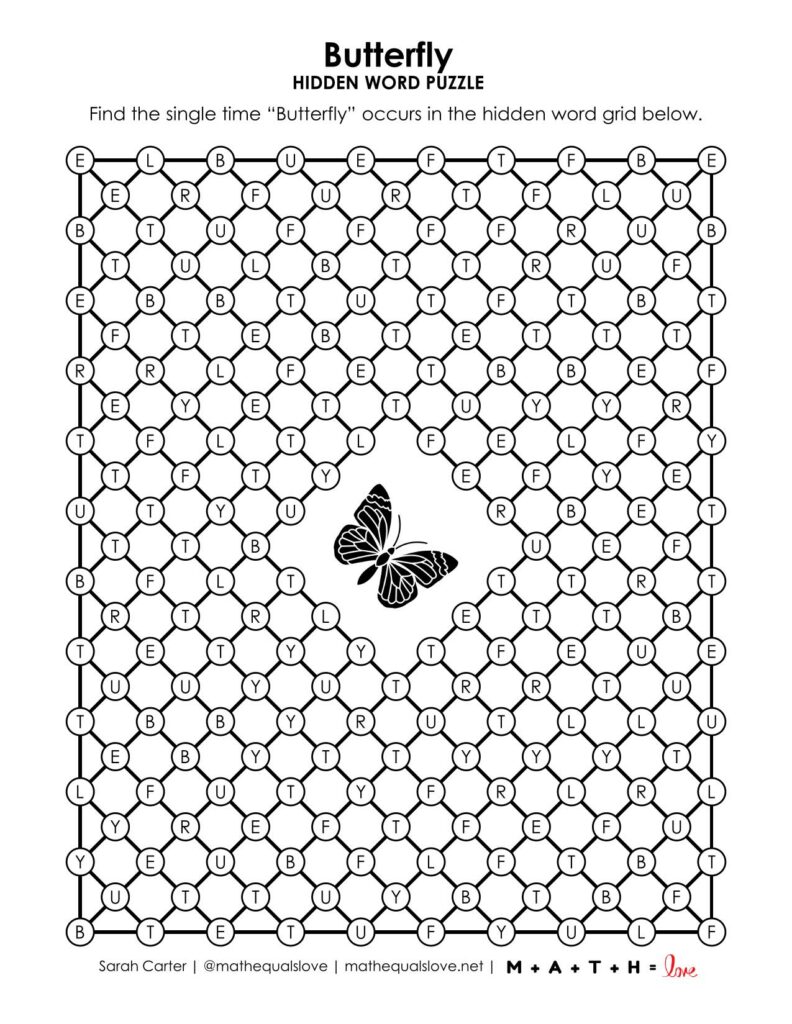 butterfly hidden word puzzle for spring.