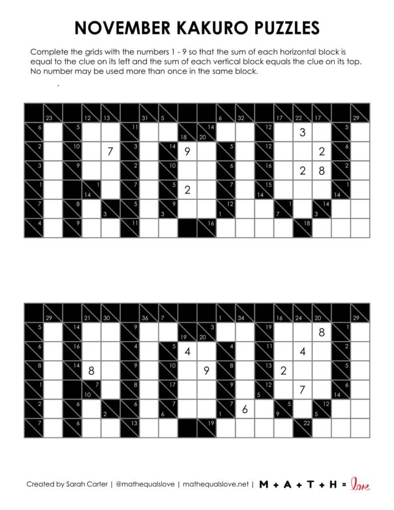 November Kakuro Logic Puzzle worksheet. 