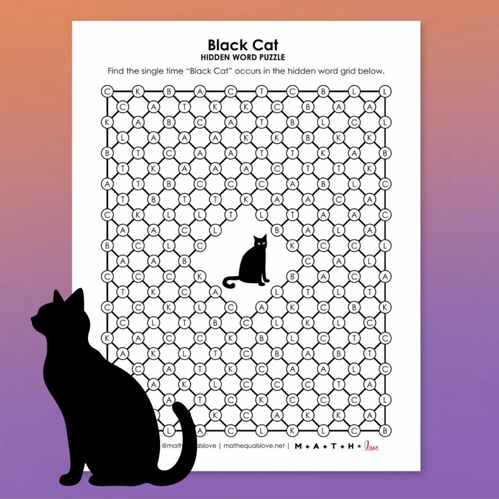 black cat hidden word puzzle for halloween. 
