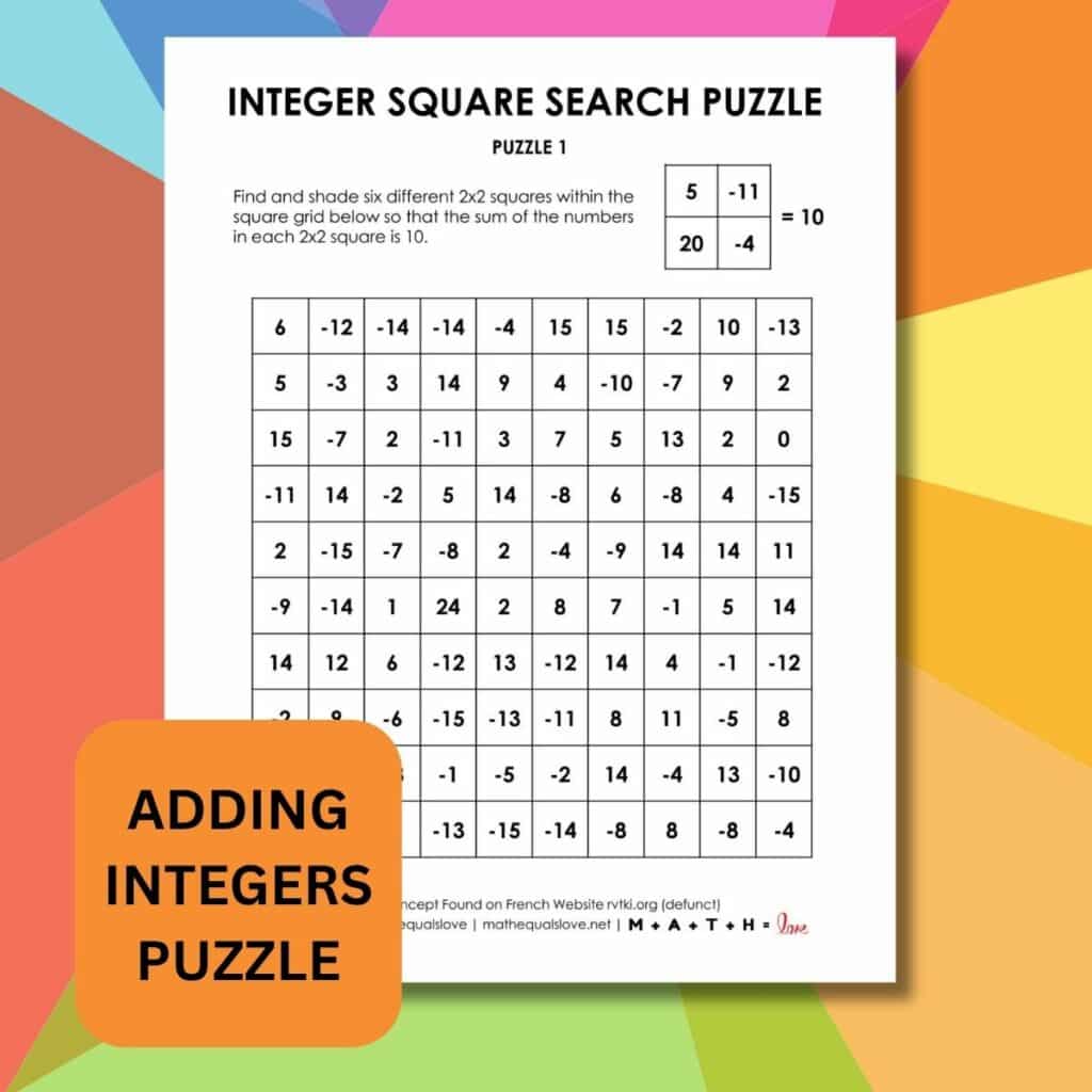 adding integers puzzle sum of 10 integer square search puzzle.