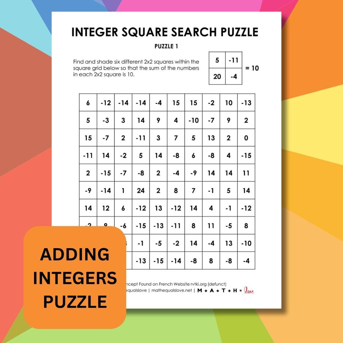 adding integers puzzle sum of 10 integer square search puzzle.