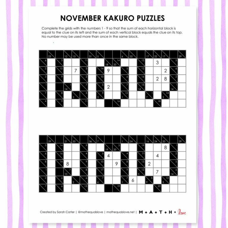 November Kakuro Logic Puzzles.